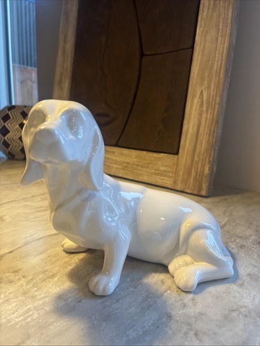 Glossy white ceramic dachshund - white,